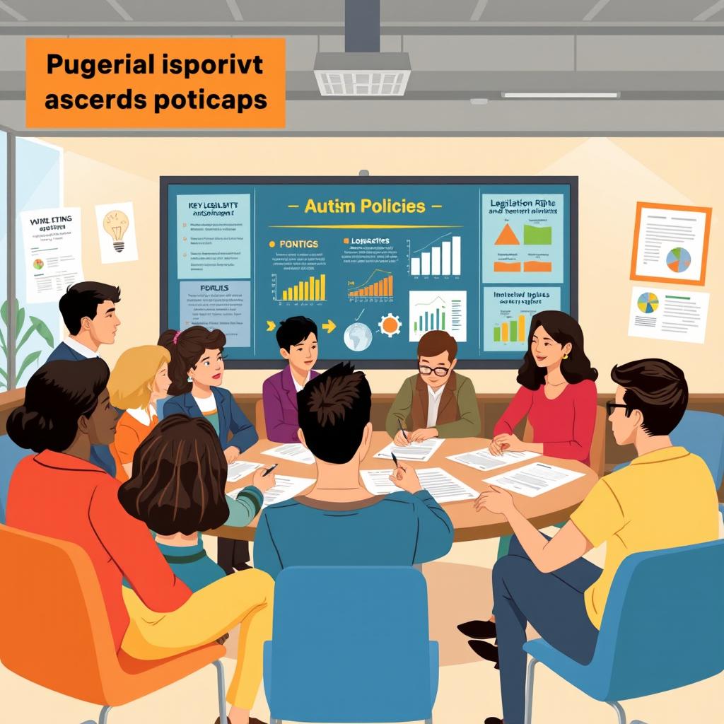 An informative and engaging illustration representing public policies and rights for individuals on the autism spectrum