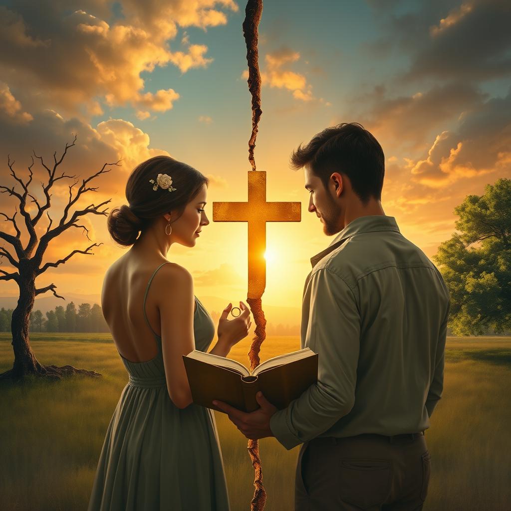A symbolic realism book cover illustrating a couple separated by a golden cross-shaped crack that extends between them