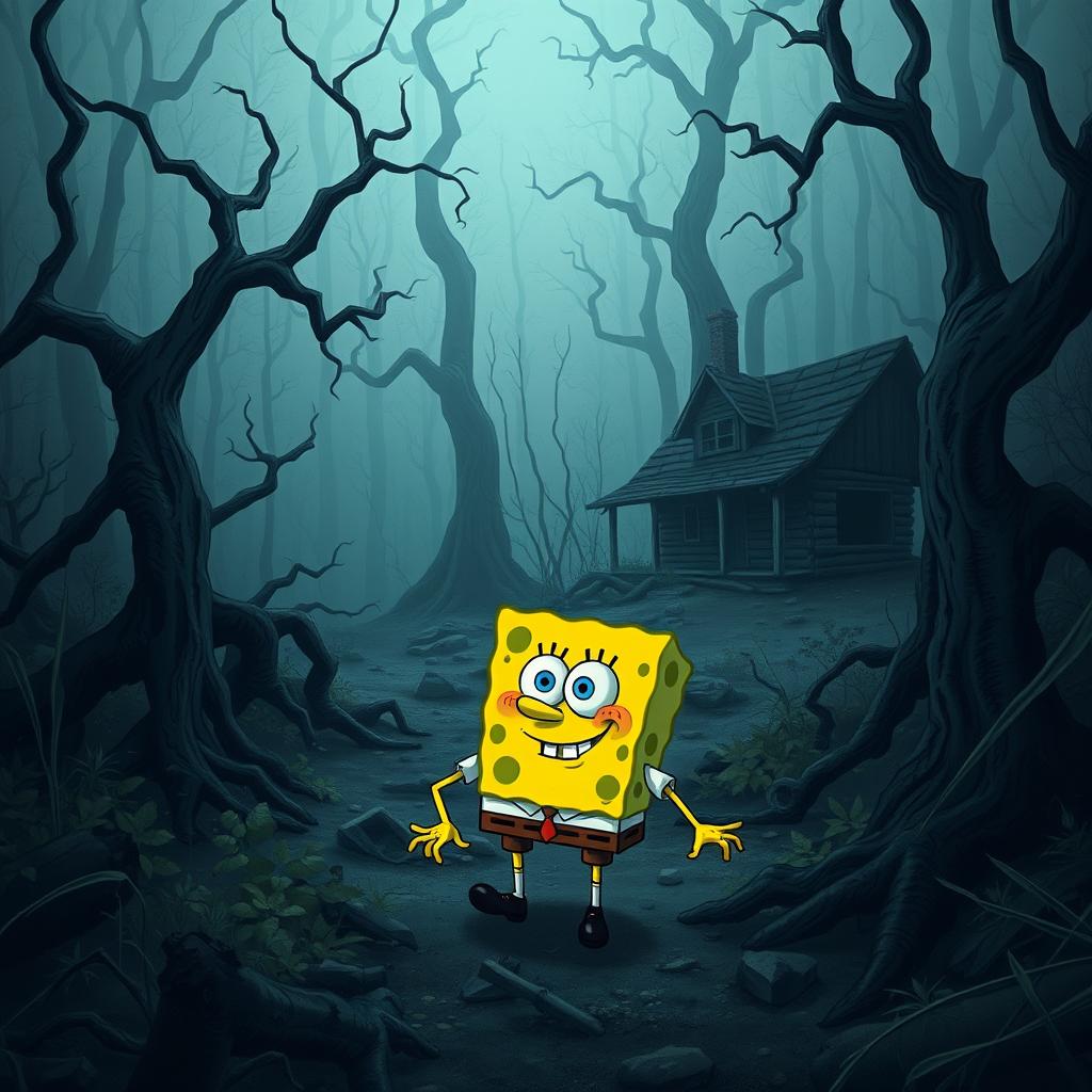 A surreal crossover illustration featuring SpongeBob SquarePants in an intriguing, eerie landscape inspired by Alan Wake 2