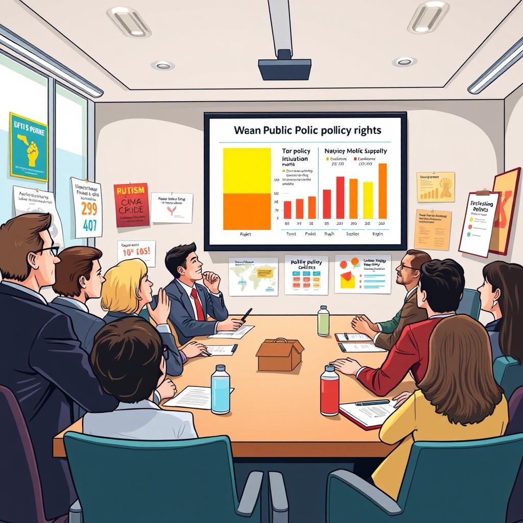 A dynamic and educational illustration focused on public policies and rights for individuals with autism