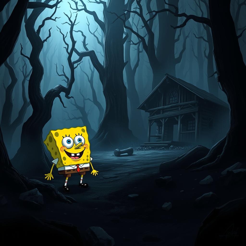 A captivating illustration of SpongeBob SquarePants set in the haunting world of Alan Wake 2