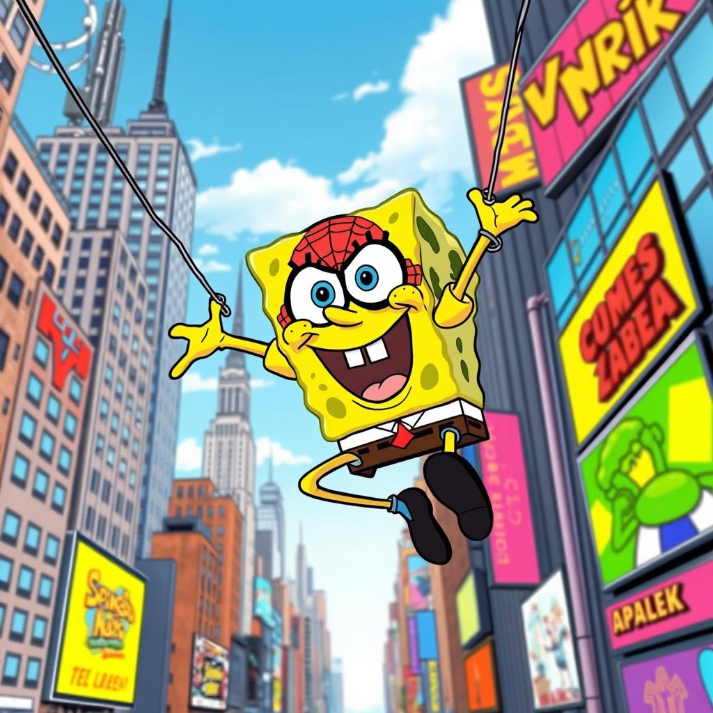 SpongeBob SquarePants as a superhero, swinging through a vibrant, comic book-style New York City like in Spider-Man 2