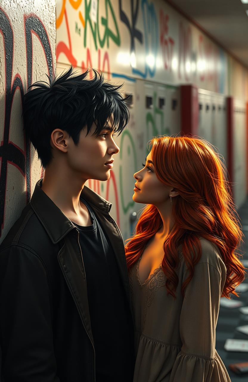 A romantic school scene titled 'Disturbia', featuring a captivating bad boy with fair skin and striking black hair
