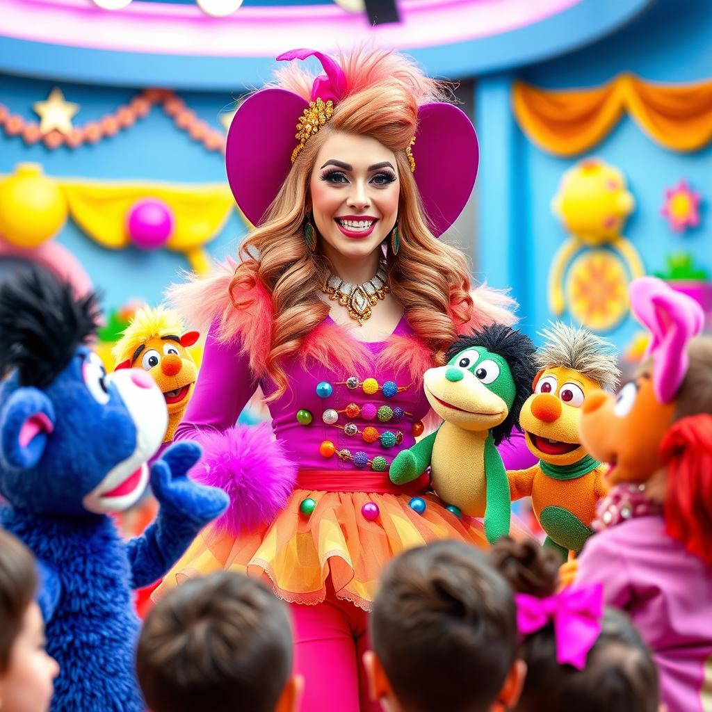 Emma Starletto, a glamorous character, participating in a lively and colorful children's show similar to 'Fitihela' (a well-known Iranian children's program)