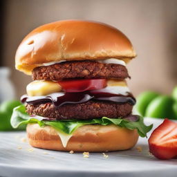 A deceptively tasty dessert burger in supreme close-up, showcasing surprising but delightful sweet elements pretending to be traditional burger ingredients.