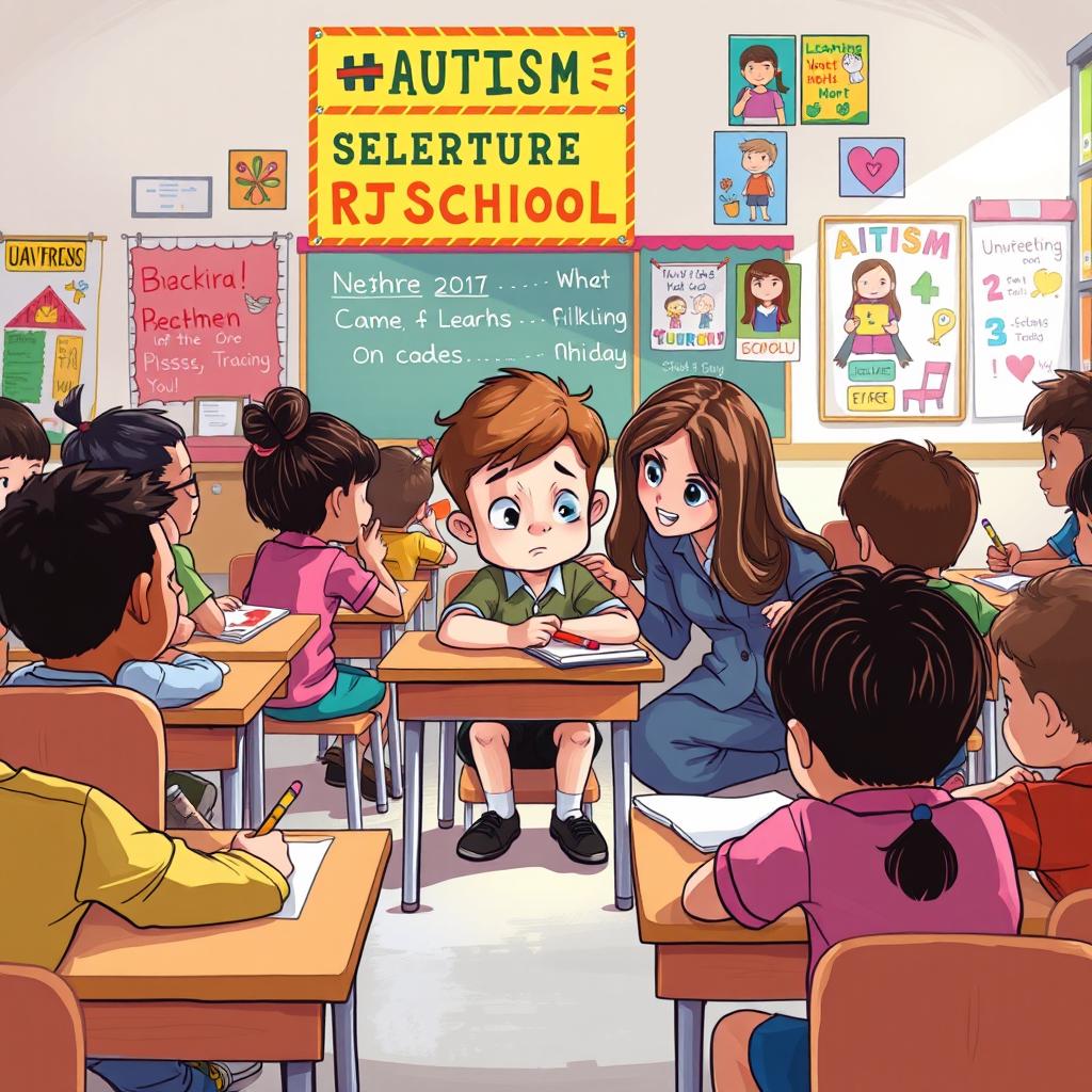 A heartfelt illustration depicting the challenges faced by a child with autism in a school setting
