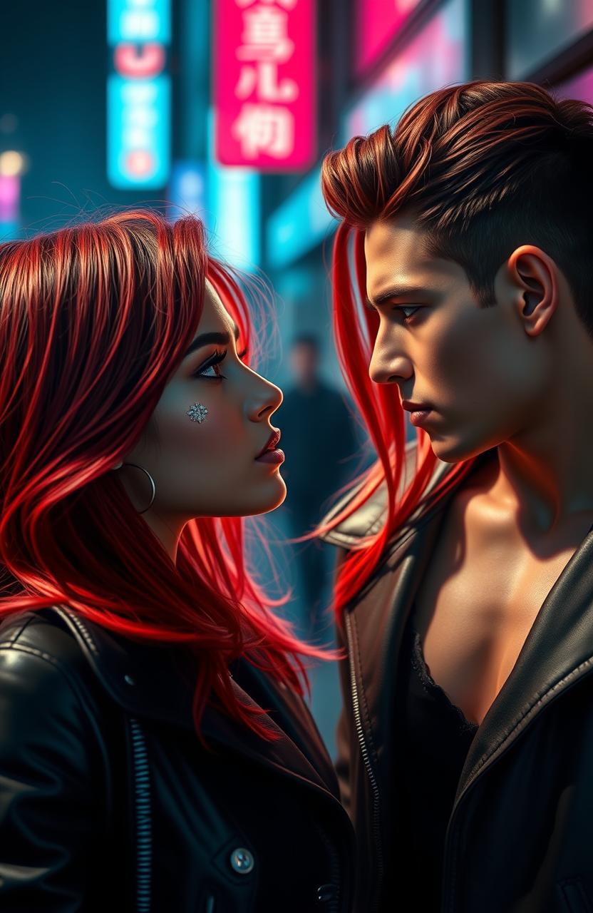 A stunning scene depicting Isabelli Falcao, a glamorous red-haired girl with fair skin, staring intensely at a bad boy with black hair and fair skin