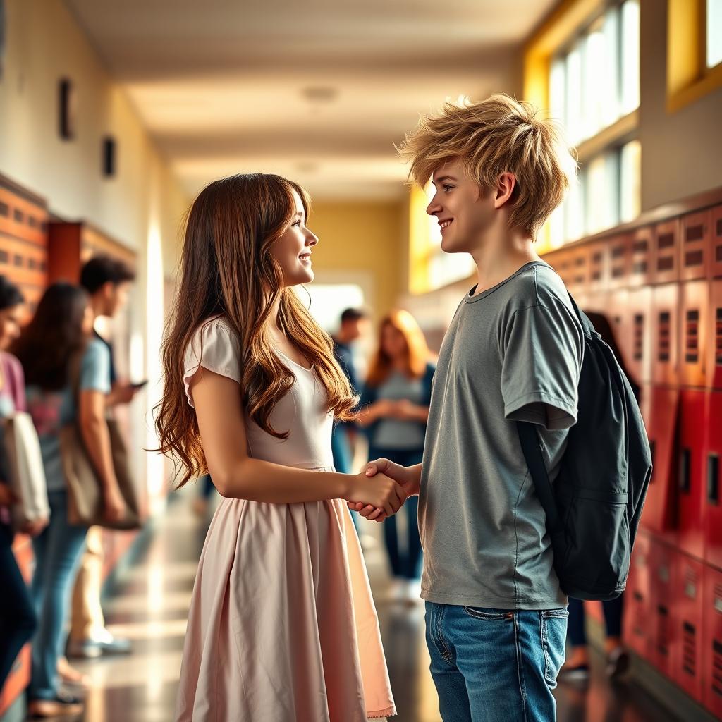 A heartwarming school romance scene set in a vibrant high school hallway