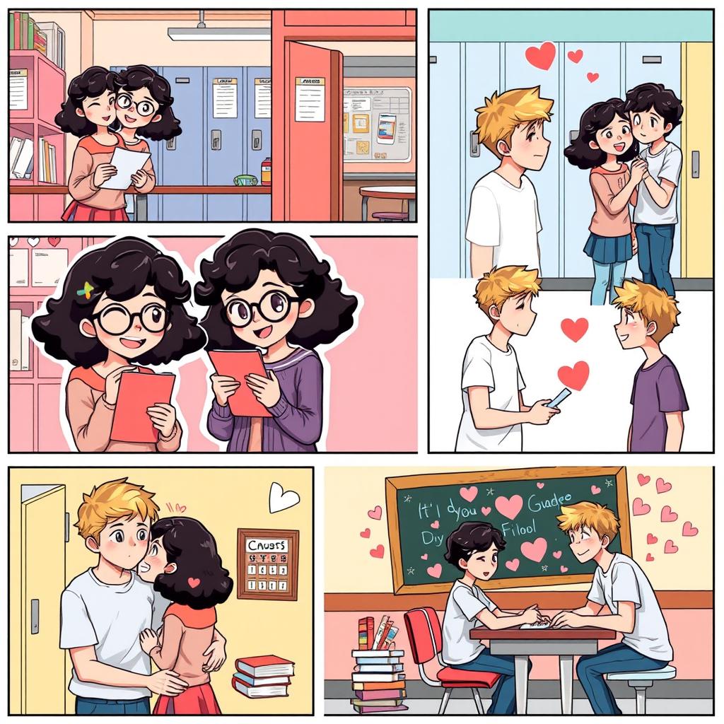 A colorful comic-style illustration depicting a school romance