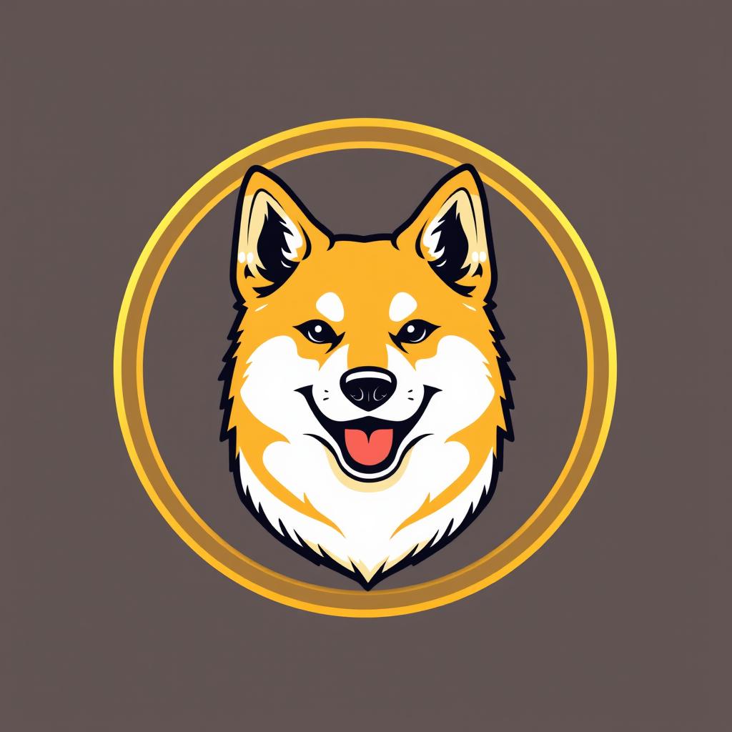 A circular logo design featuring a golden emblem of an Akita Inu dog head, rendered in a vector style with cartoonish qualities