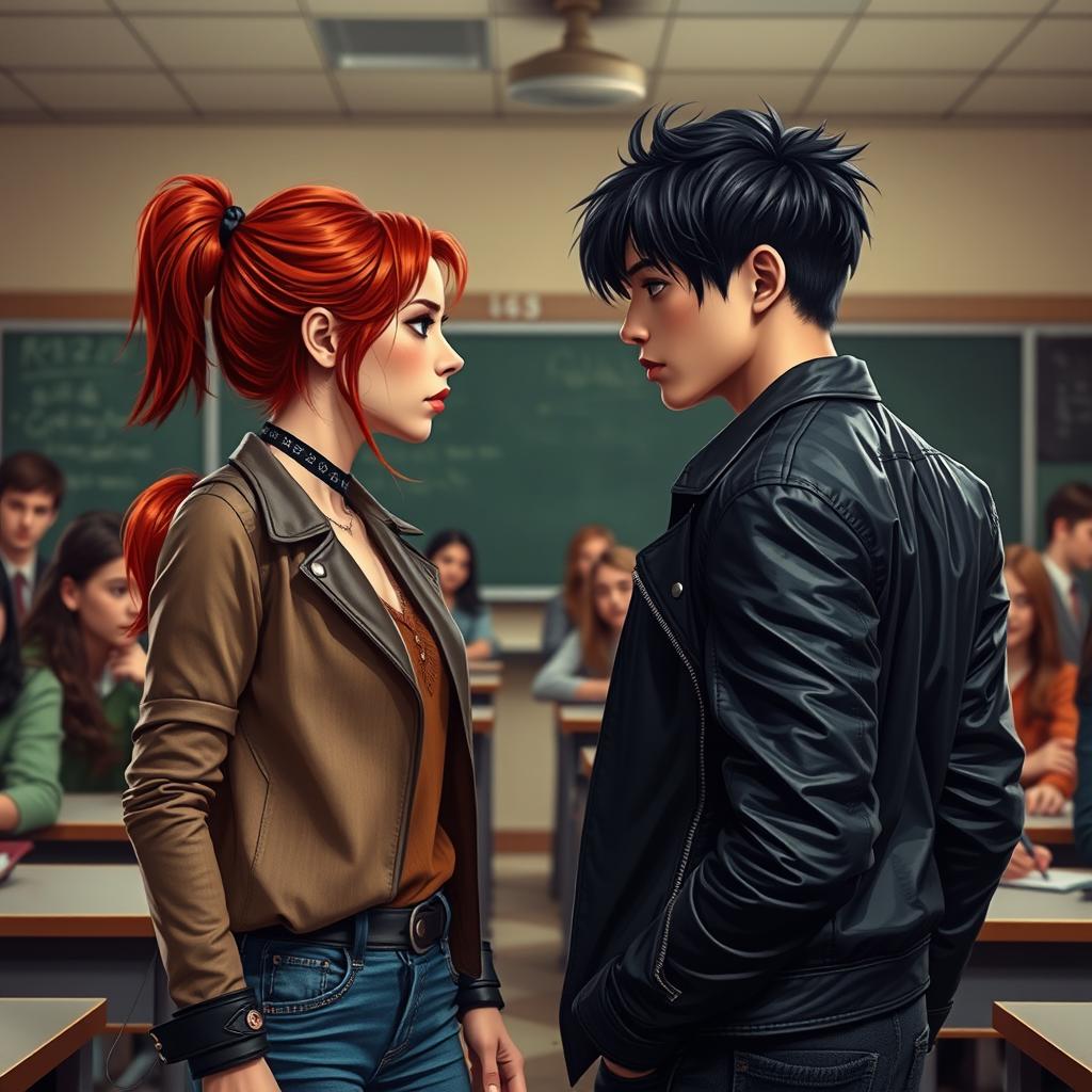 A captivating scene illustrating an 'enemies to lovers' trope set in a high school