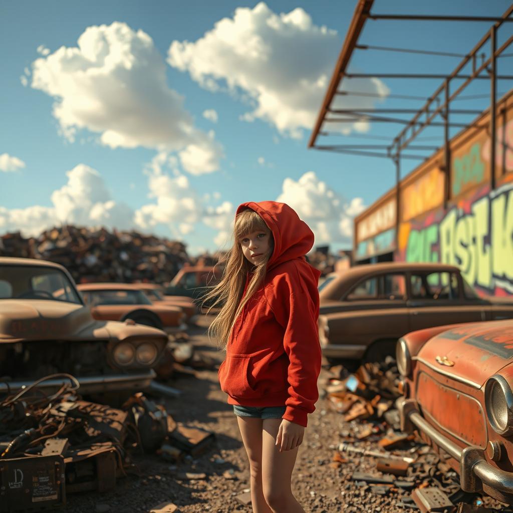 A girl exploring a junkyard, wearing a bright red hoodie