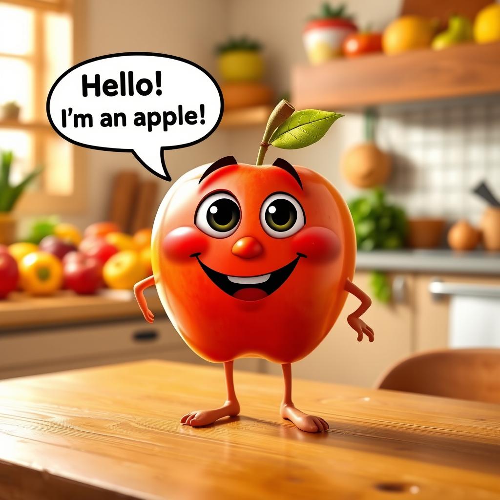 A whimsical scene featuring a cartoonish apple with a smiling face, big expressive eyes, and tiny arms and legs, standing on a wooden table