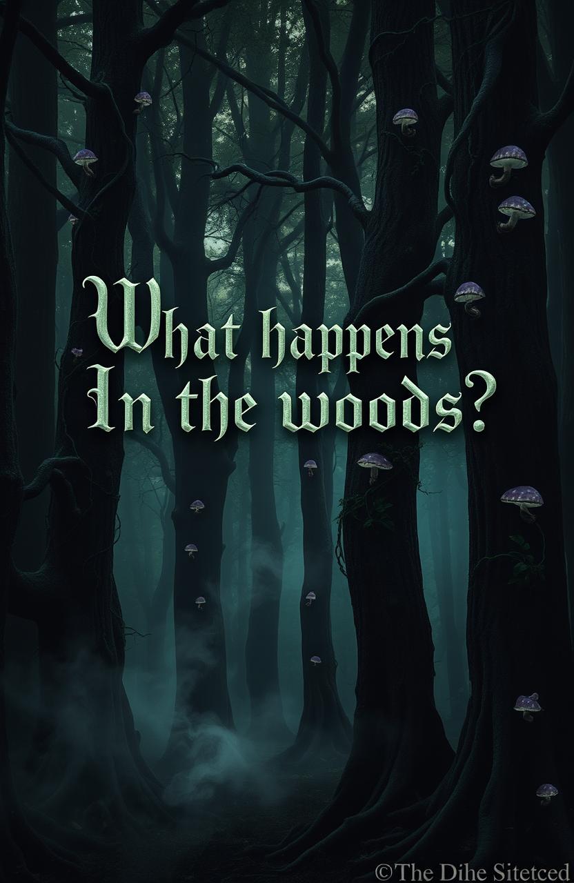 A mysterious and enchanting scene depicting dark woods, with tall, ancient trees whose trunks are adorned with twisted vines and glowing mushrooms