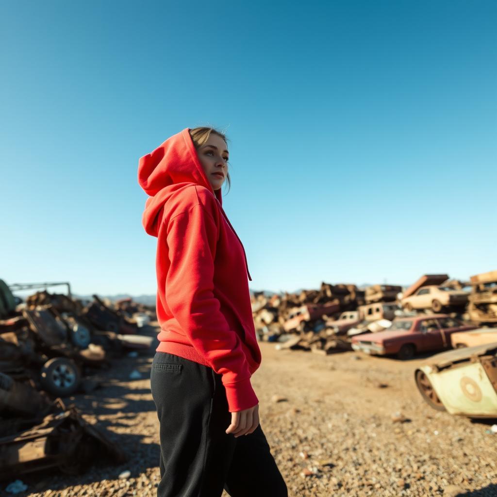 A woman wearing a bright red hoodie and black sweatpants is standing in an expansive junkyard