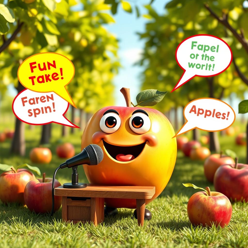A whimsical scene of a cartoonish apple with a smiling face, anthropomorphized with large googly eyes and a cheerful expression, sitting at a small wooden desk with a tiny microphone