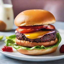 A deceptively tasty dessert burger in supreme close-up, showcasing surprising but delightful sweet elements pretending to be traditional burger ingredients.