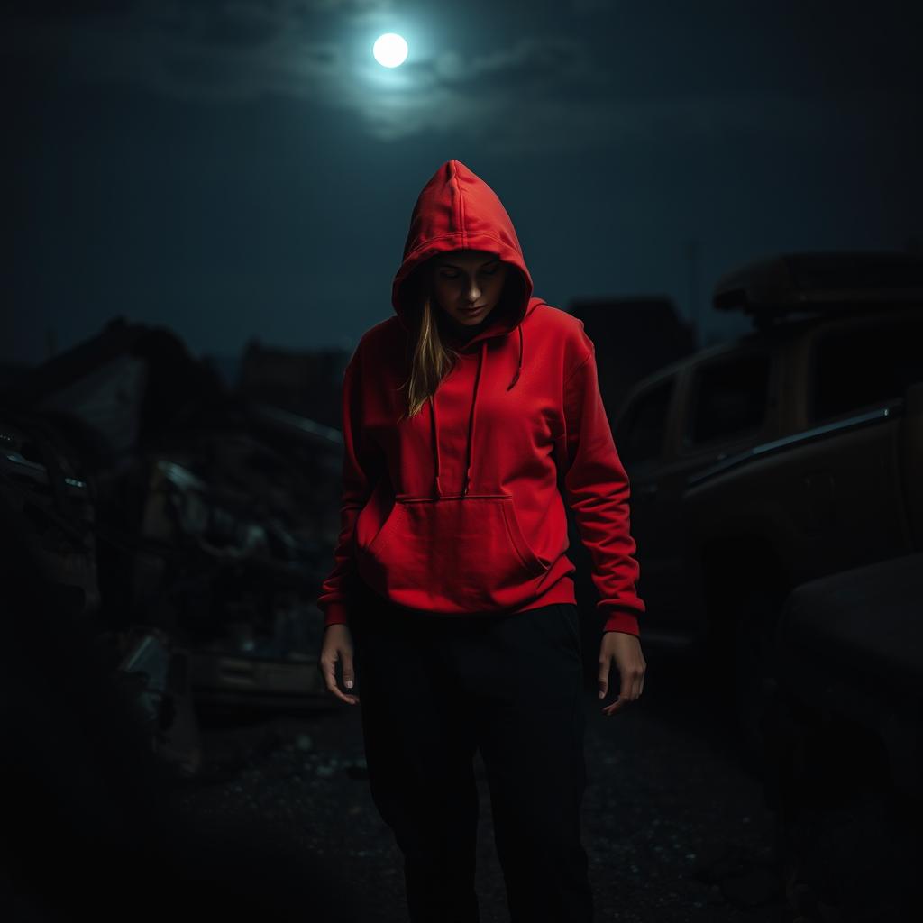 A woman wearing a bright red hoodie and black sweatpants stands in a dimly lit junkyard, her features shadowed to create a creepy atmosphere