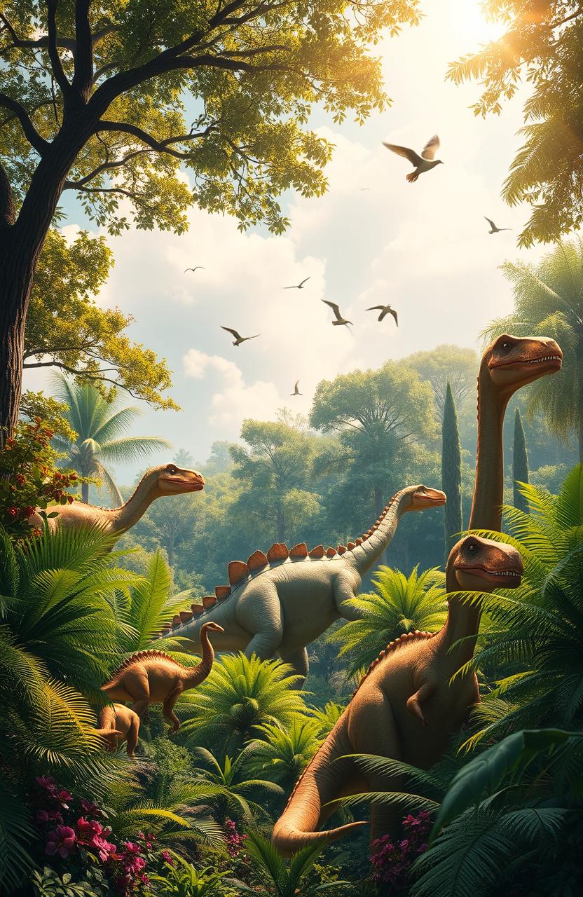 A vibrant and lively scene featuring dinosaurs in a prehistoric landscape
