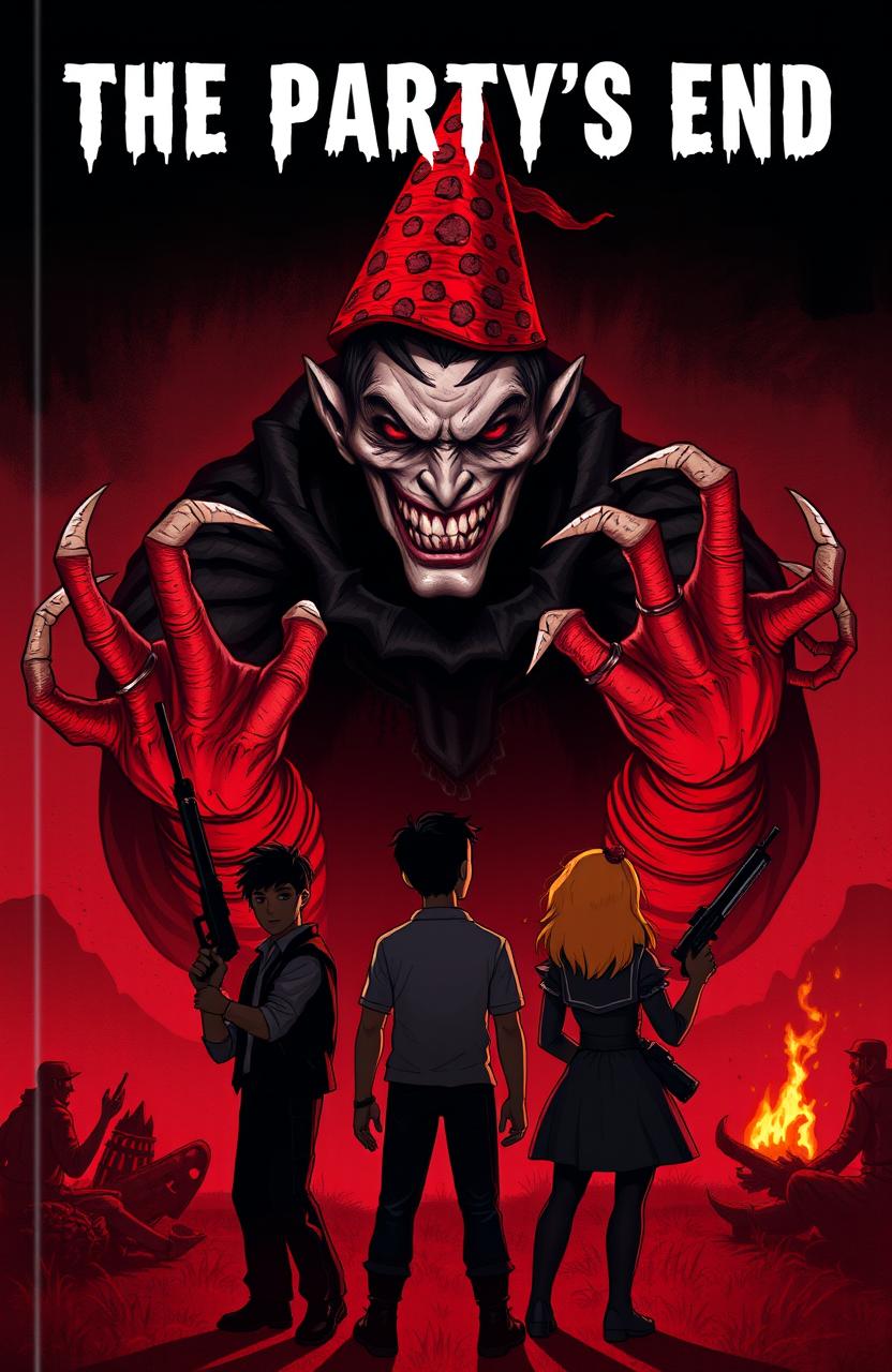 An ominous book cover for 'The Party's End', featuring Paleface in the center with pale skin, a jagged smile, and soulless eyes, looming over a dark scene