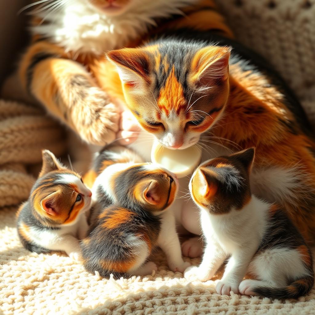 A heartwarming scene featuring adorable calico kittens drinking milk from their mother's belly