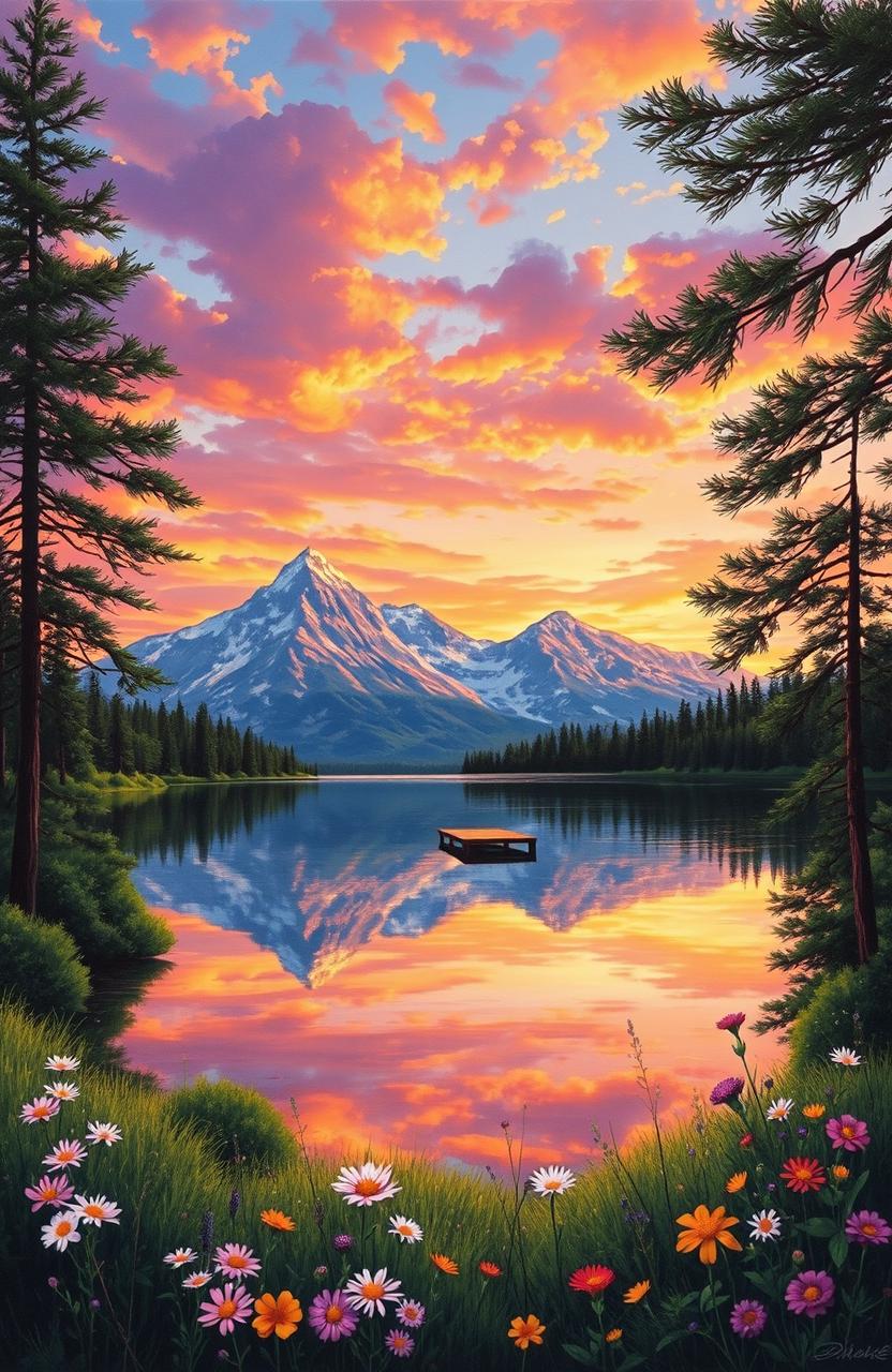A stunning landscape painting depicting a serene scene of majestic mountains reflecting in a tranquil lake under a vibrant sunset sky