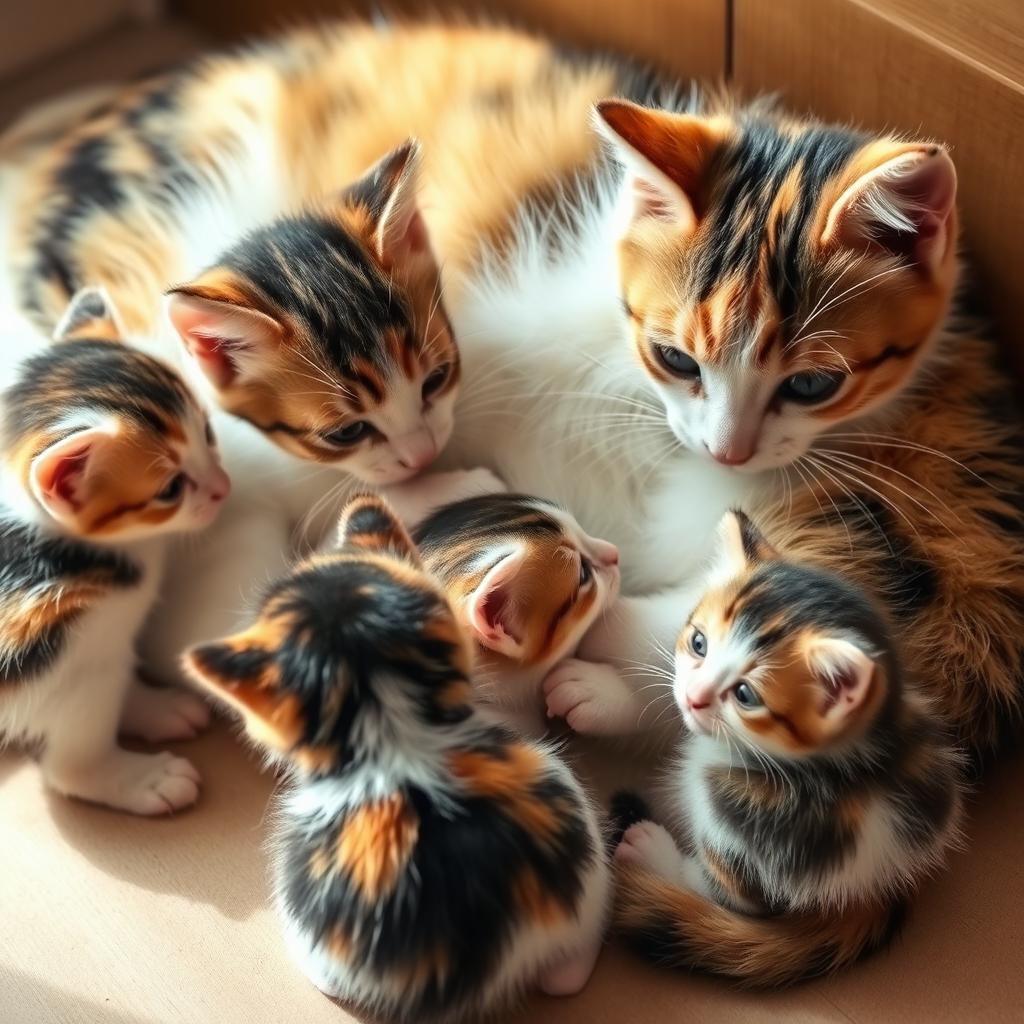 A charming scene featuring a group of cute calico kittens happily drinking milk from their mother's belly