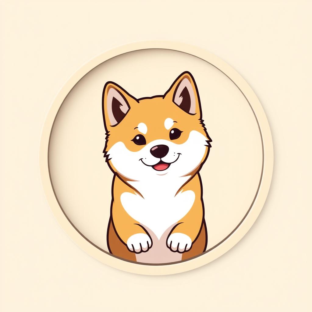 A cute Japanese Akita Inu depicted in a vector style logo design, situated within a 3D circular frame