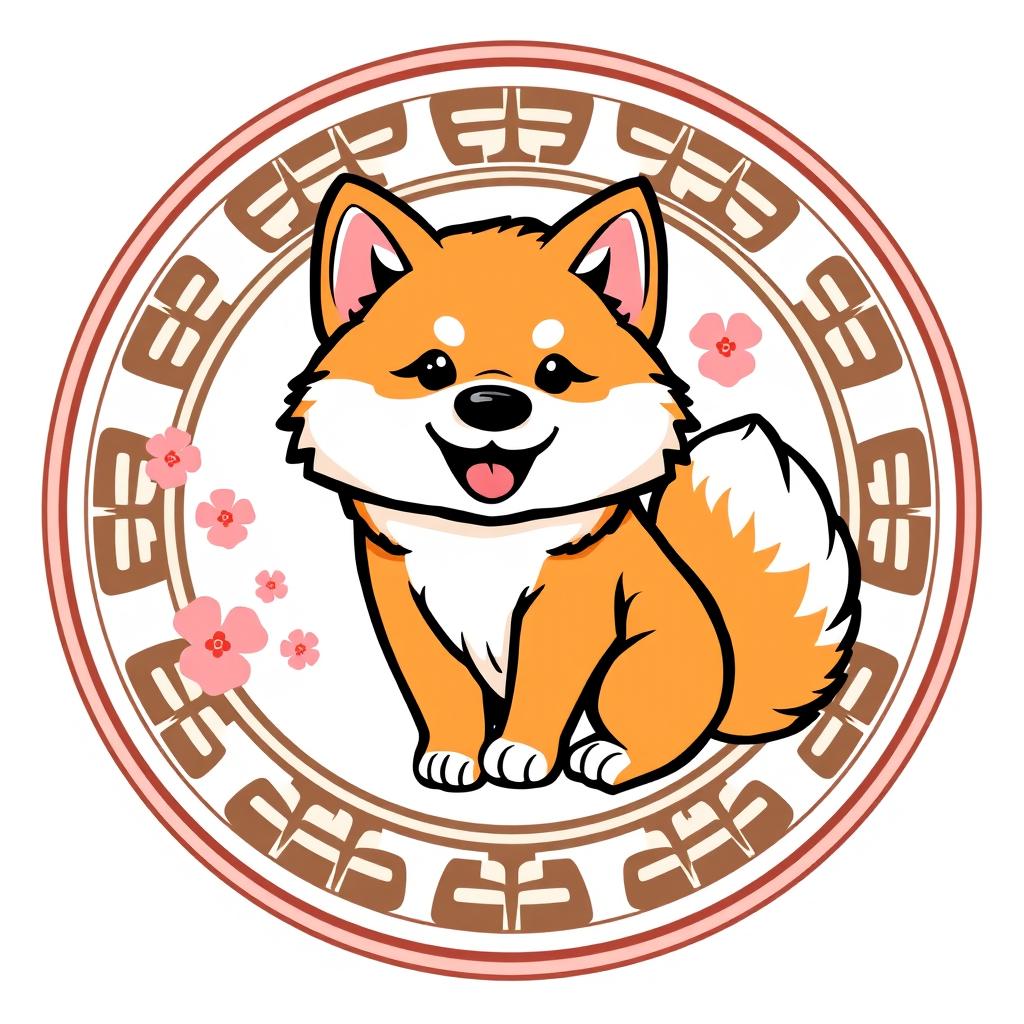 A cute Japanese Akita Inu mascot logo design featuring a happy and playful Akita Inu inside a circular frame