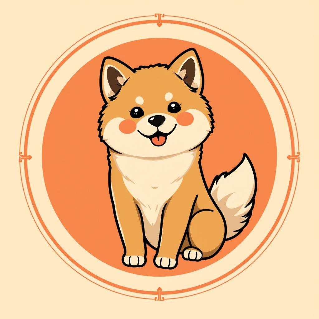 A cute Japanese Akita Inu illustrated in a vector style, framed within a circular logo design
