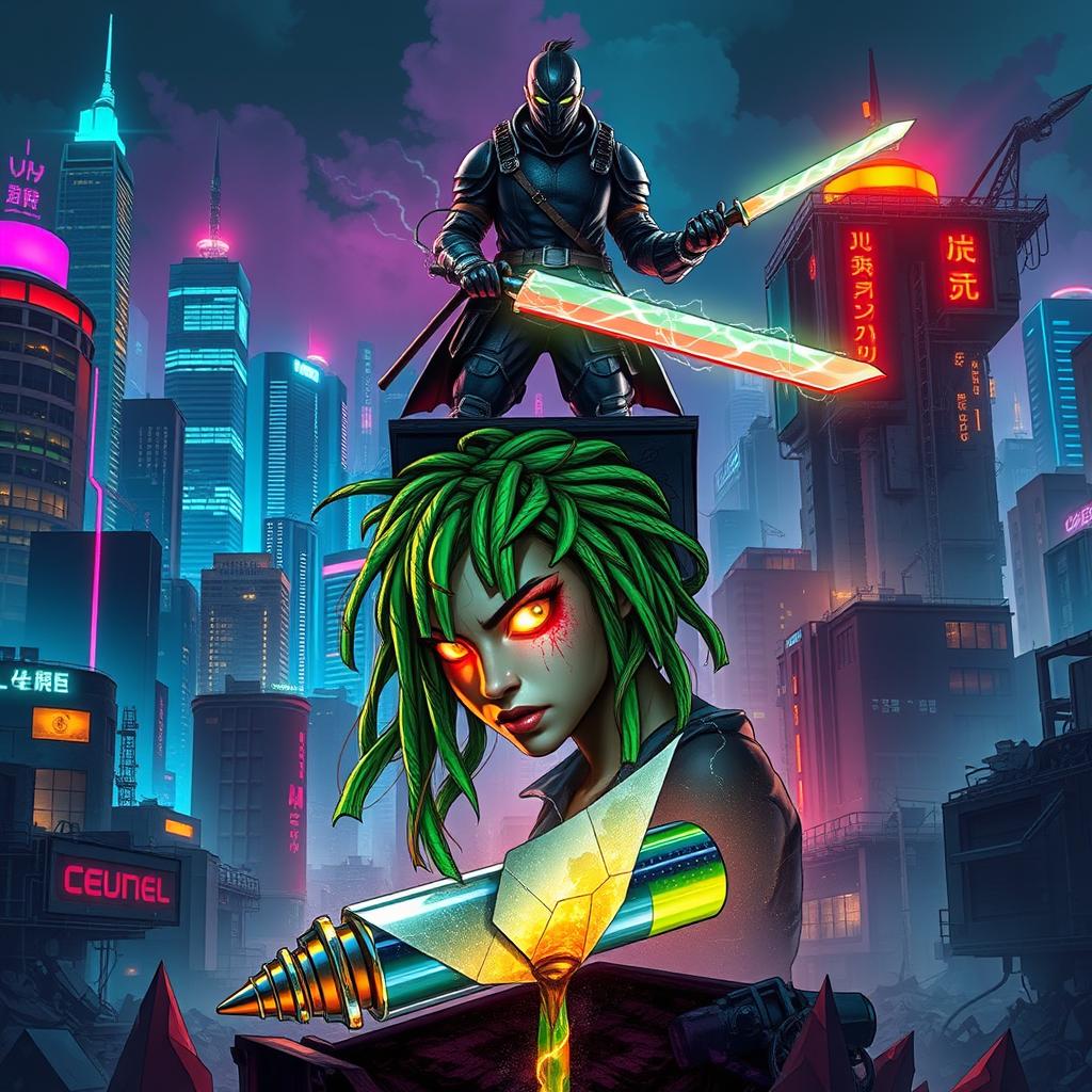 A vivid cyberpunk city divided in two halves: the top showcases a sleek, neon-lit corporate skyline filled with towering skyscrapers glowing in multicolored lights, while the bottom presents a toxic, decayed slum with crumbling buildings and debris