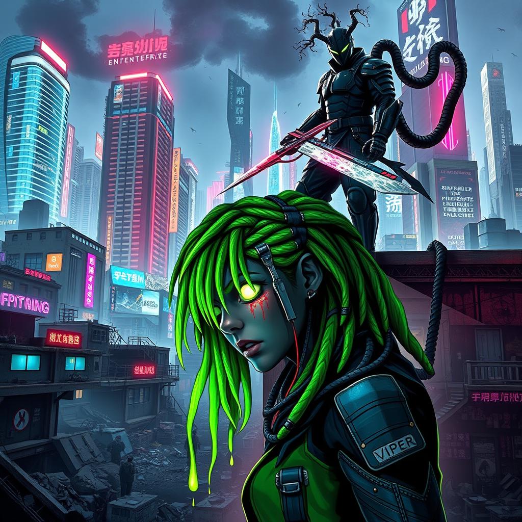 A striking cyberpunk city divided in two parts: the upper half reveals a sleek, neon-lit corporate skyline filled with towering buildings glowing in vibrant colors and digital advertisements, while the lower half depicts a toxic, decayed slum characterized by crumbling structures and scattered debris