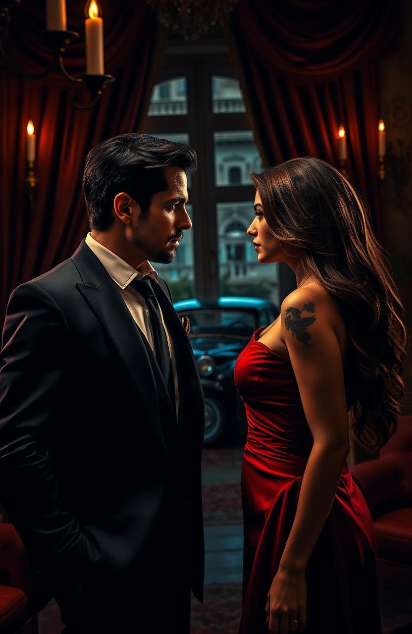 A dark romance scene depicting a forbidden love between a brooding mafia boss and a rebellious woman