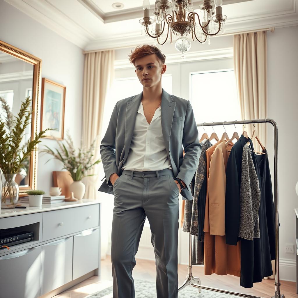 A fashionable young adult in a modern, chic wardrobe undergoing a change of clothes in a stylish, bright room filled with elegant decor