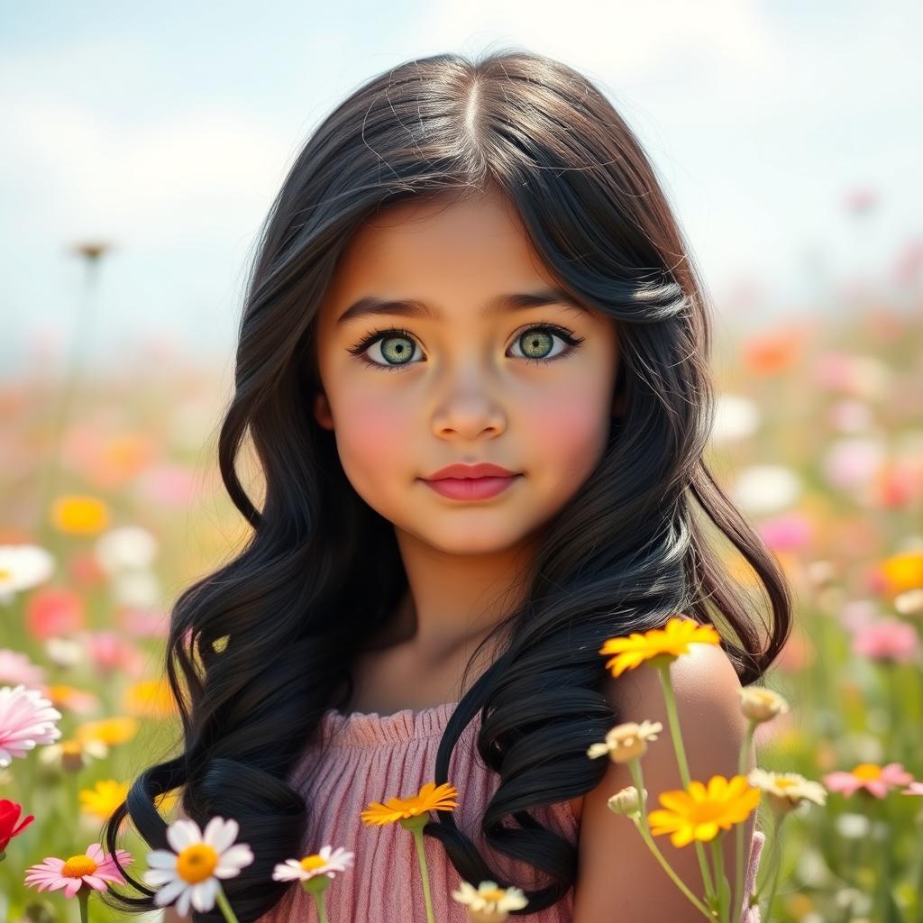 A young girl with long, dark black hair styled in loose, romantic curls that elegantly frame her delicate heart-shaped face