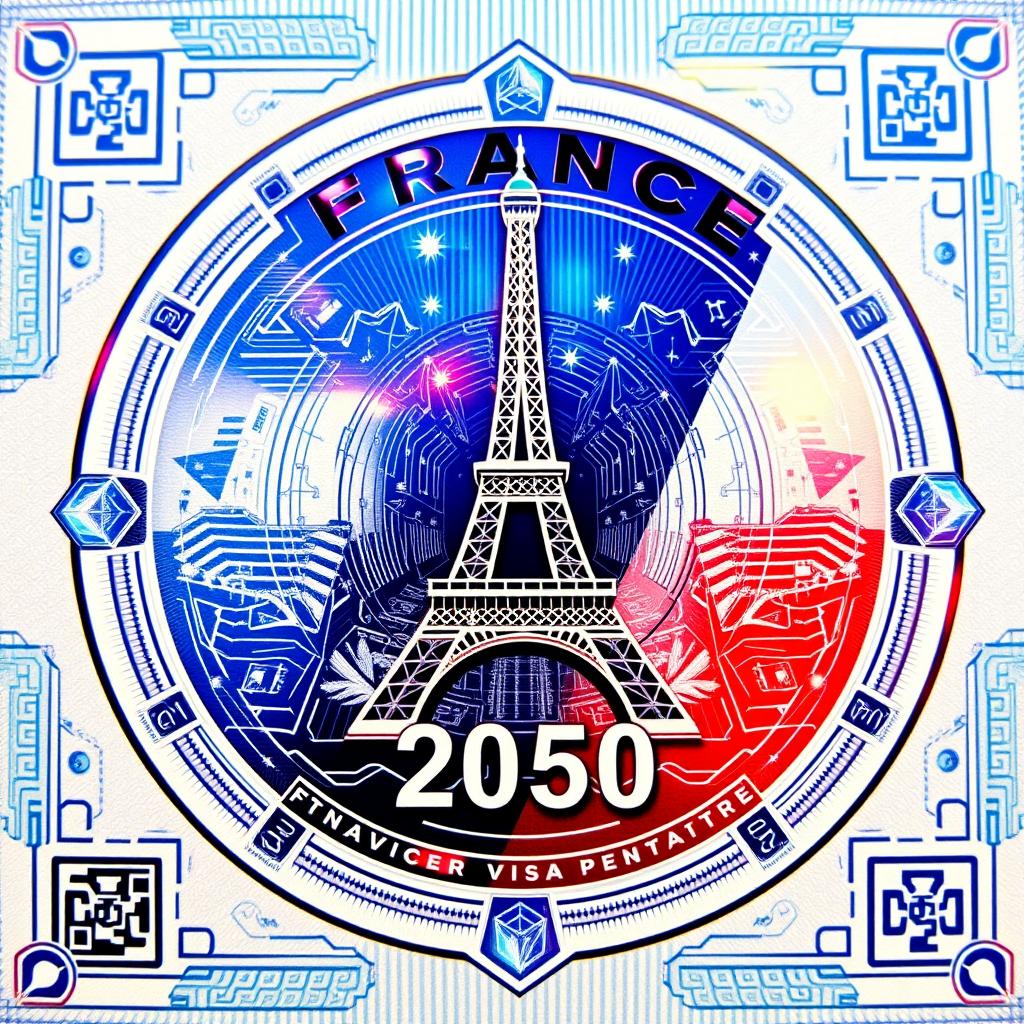 A futuristic design of a France visa sticker for the year 2050