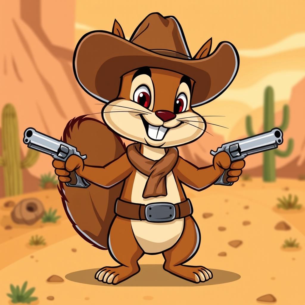 A cartoon-style squirrel wearing a cowboy hat, standing confidently on its hind legs
