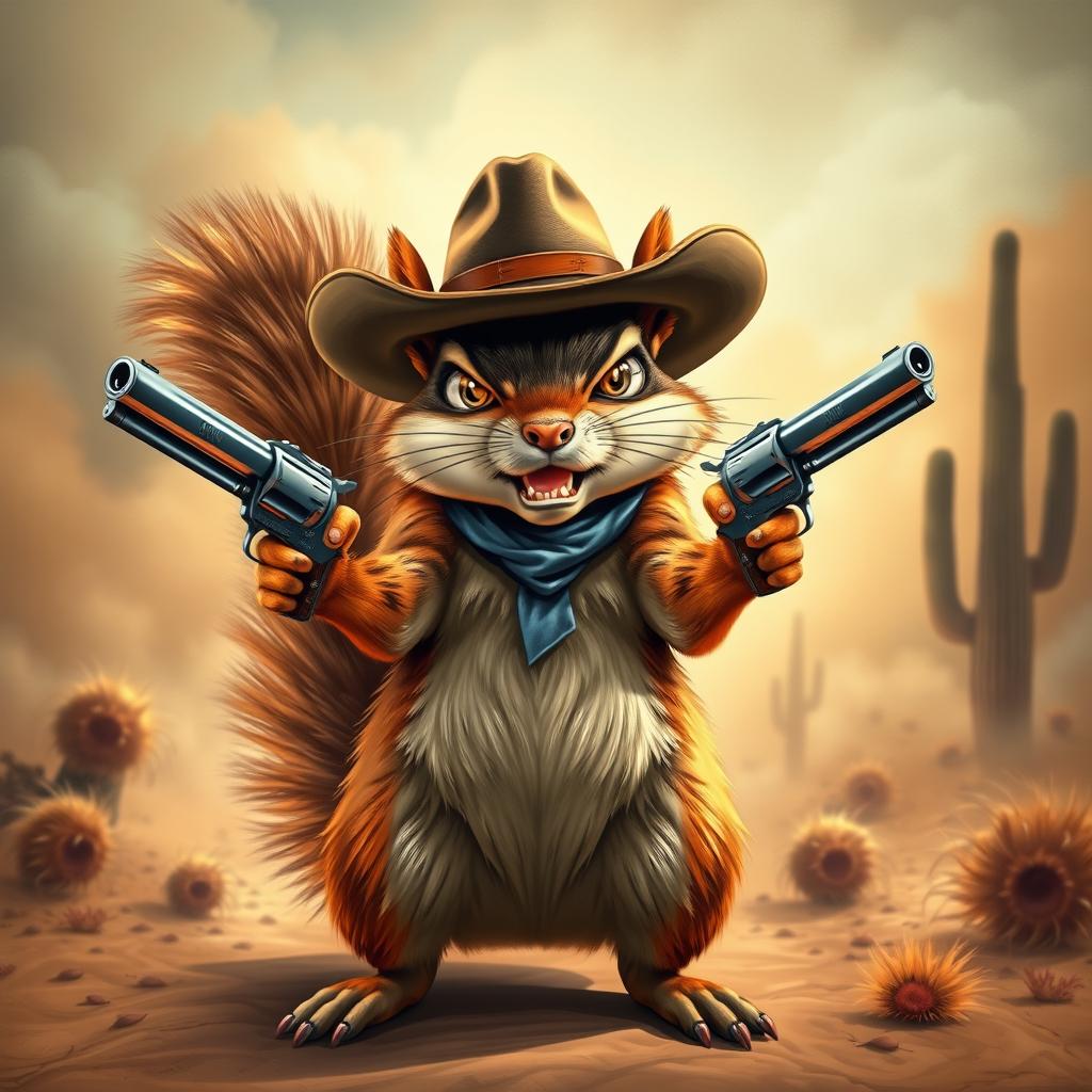 A fierce-looking squirrel with an angry expression, wearing a cowboy hat, standing boldly on its hind legs