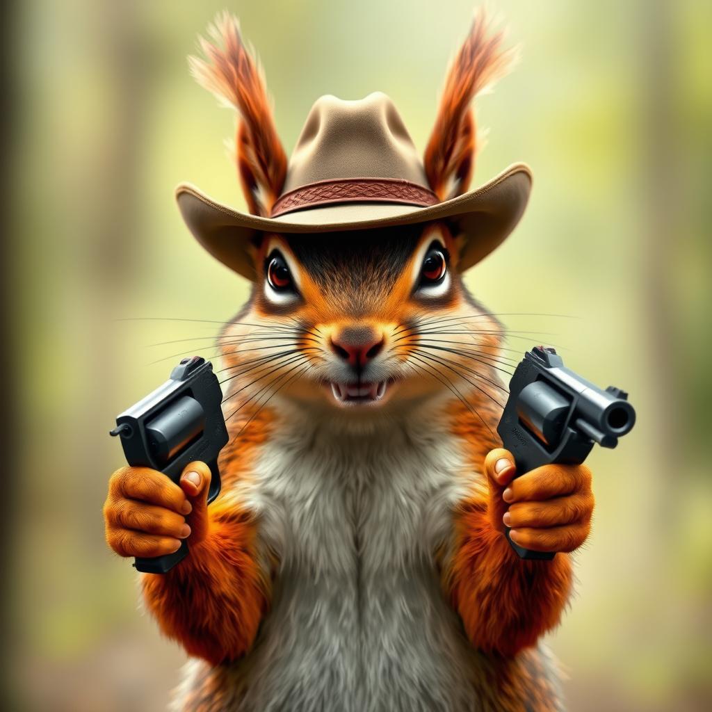 A lifelike and realistic depiction of a mad squirrel wearing a cowboy hat, sporting an intense and fierce expression