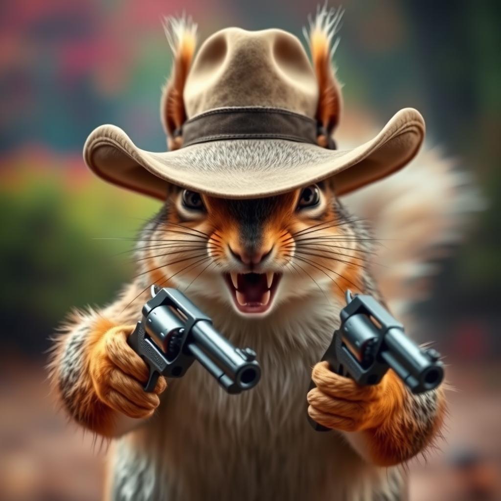 A lifelike and realistic depiction of a mad squirrel wearing a cowboy hat, showcasing an intense and fierce expression