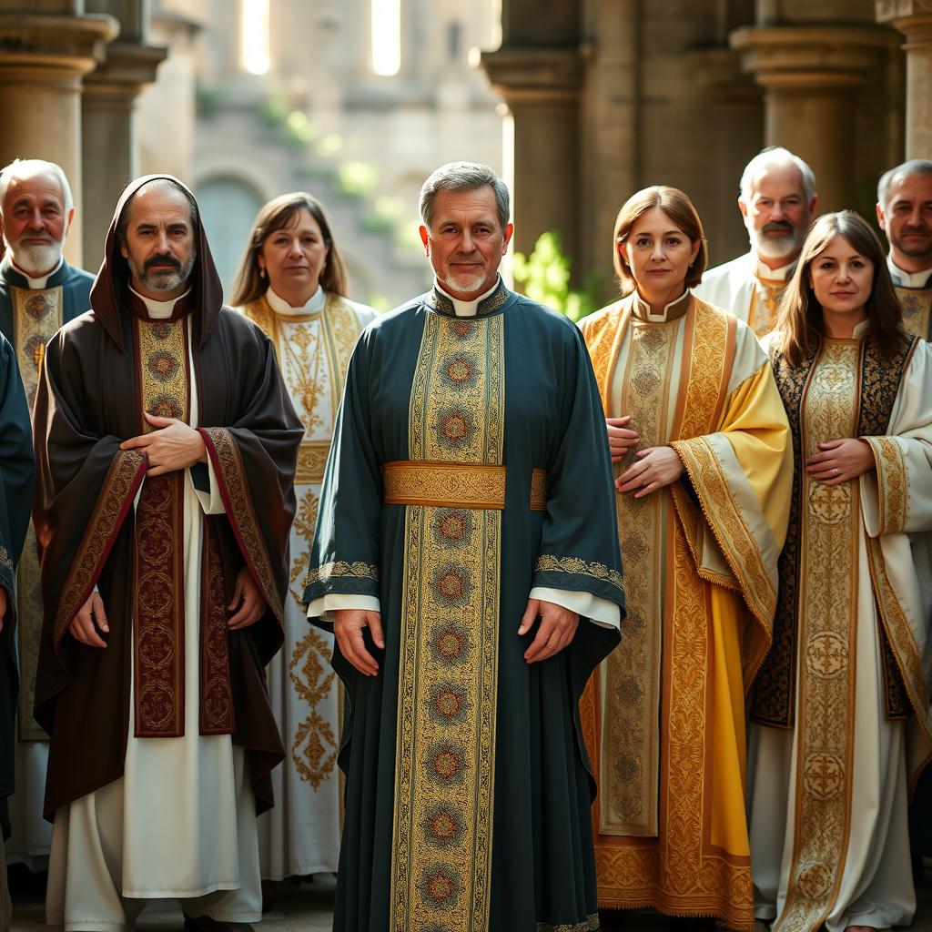 A group of adult figures dressed in traditional priestly garments, showcasing a variety of intricate designs and colors