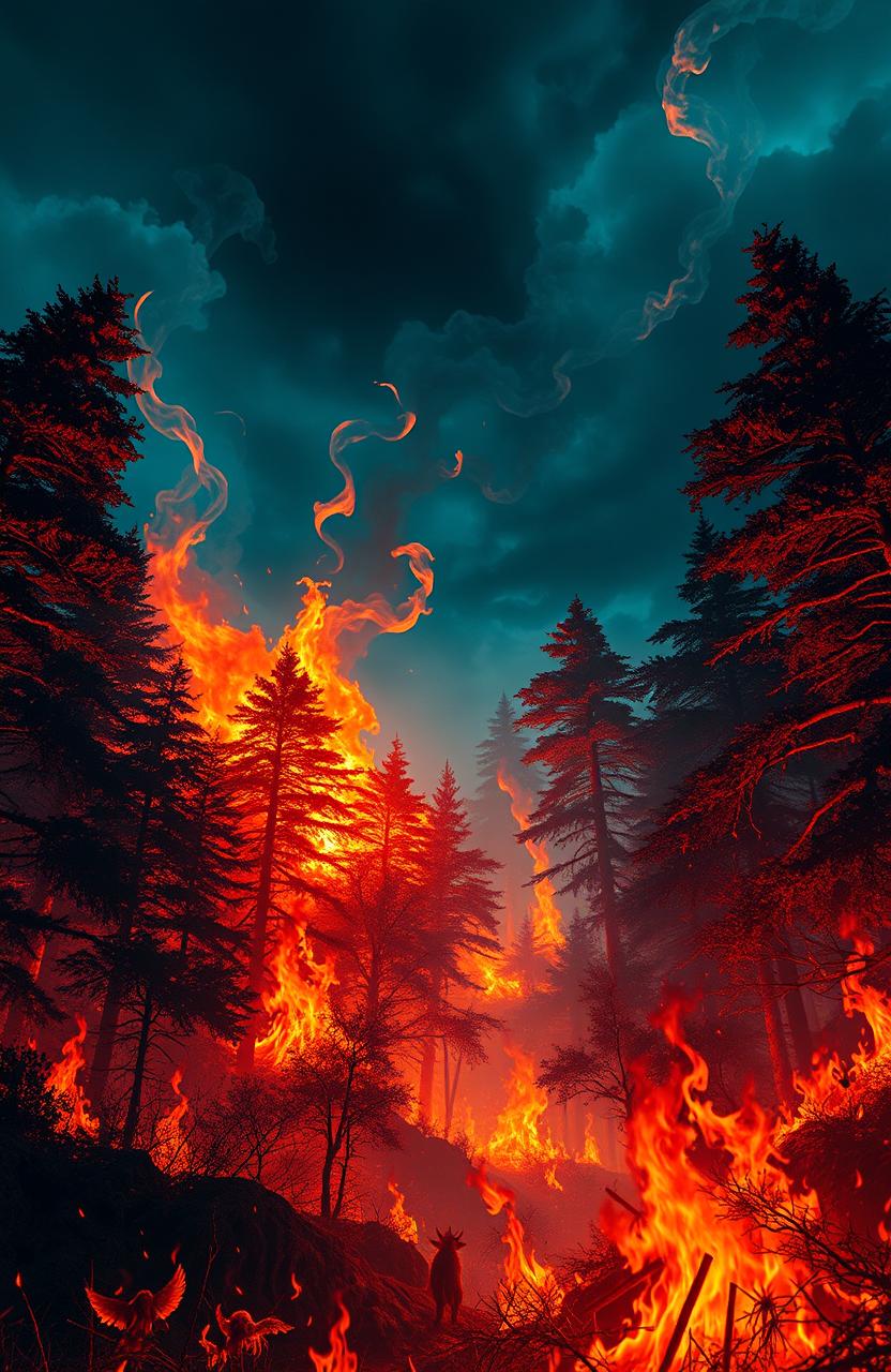 A dramatic fantasy scene depicting a forest engulfed in flames, showcasing towering trees ablaze with vibrant hues of orange and red, twisting smoke spiraling into the night sky, glowing embers dancing in the air