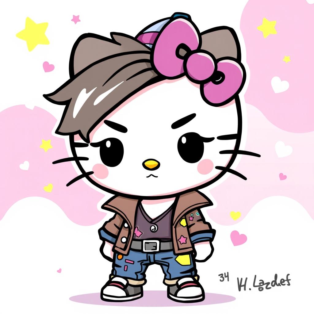 A whimsical illustration of a male Hello Kitty character, featuring the iconic Hello Kitty face with a masculine twist
