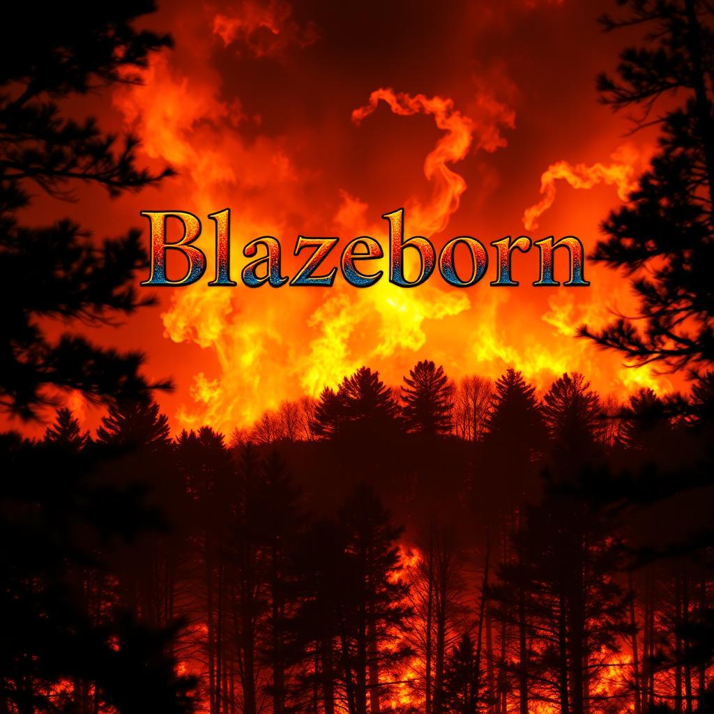 A dramatic scene of a forest engulfed in intense flames, the fiery colors illuminating the dark trees