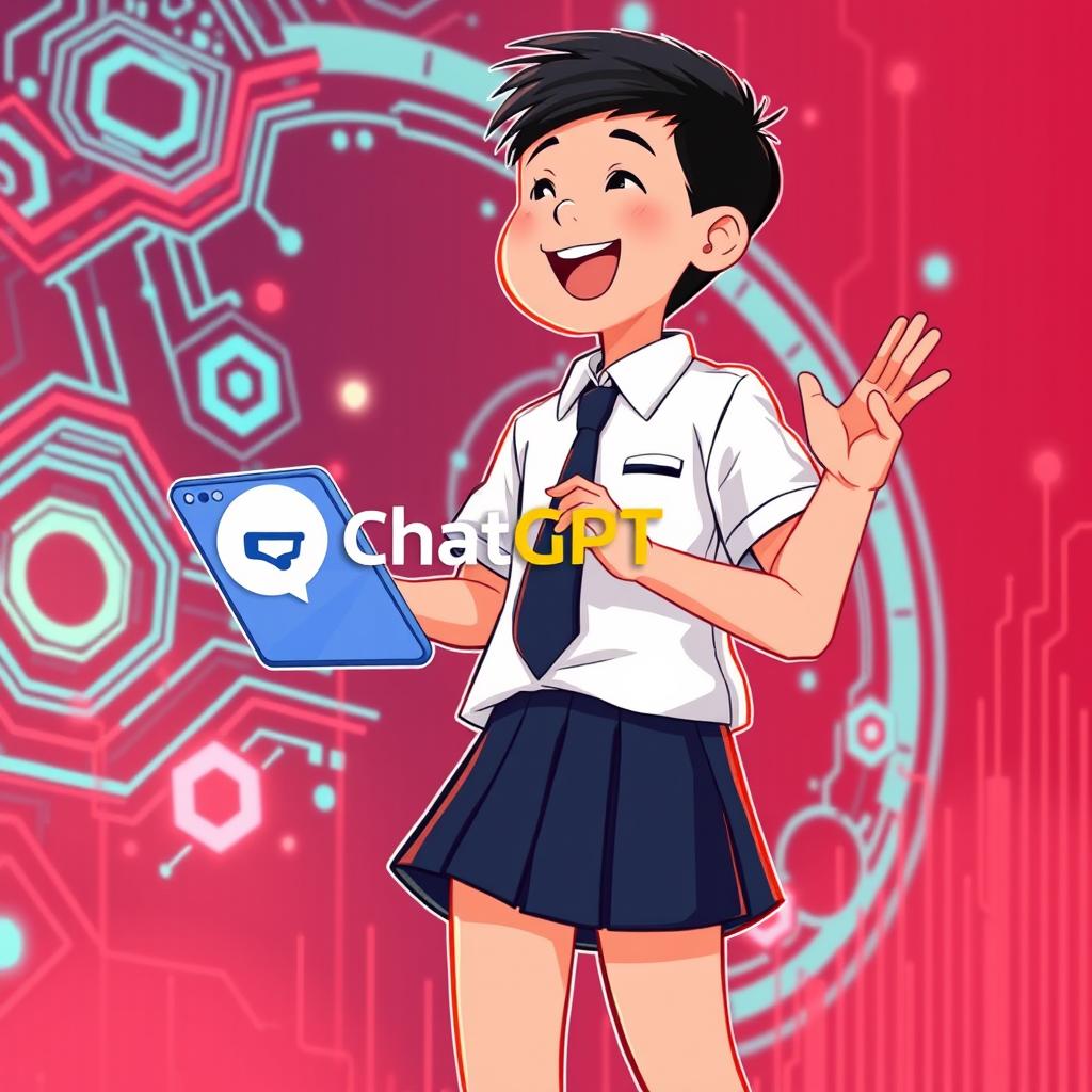 A vibrant digital cartoon illustration of a student enthusiastically using artificial intelligence technology