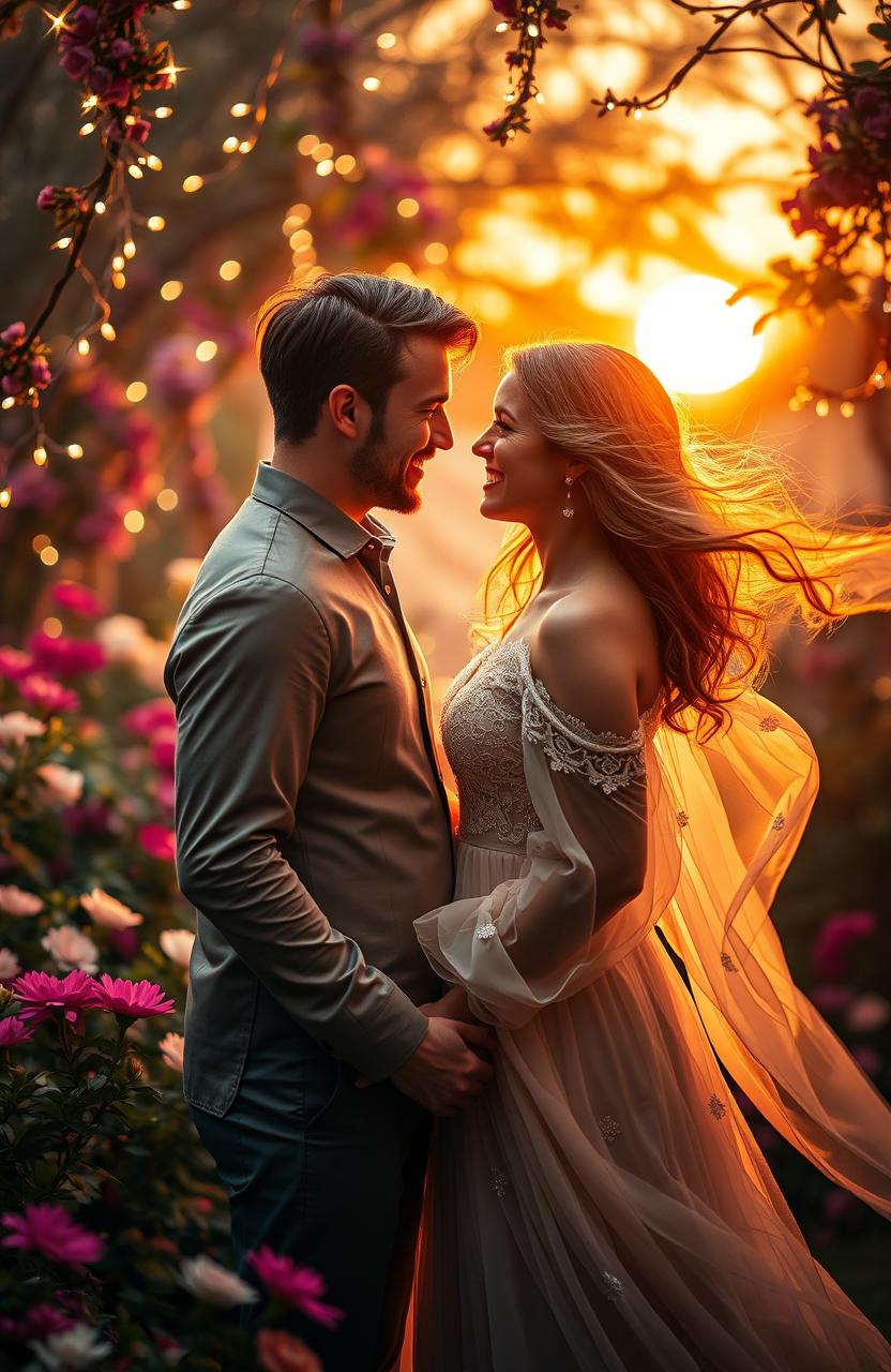 A couple surrounded by an enchanting atmosphere, embodying unconditional love and magic