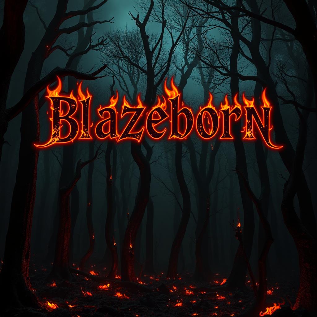 A dramatic and enchanting fantasy forest shrouded in darkness, with vibrant dark flames dancing throughout the trees, illuminating the scene with an eerie glow