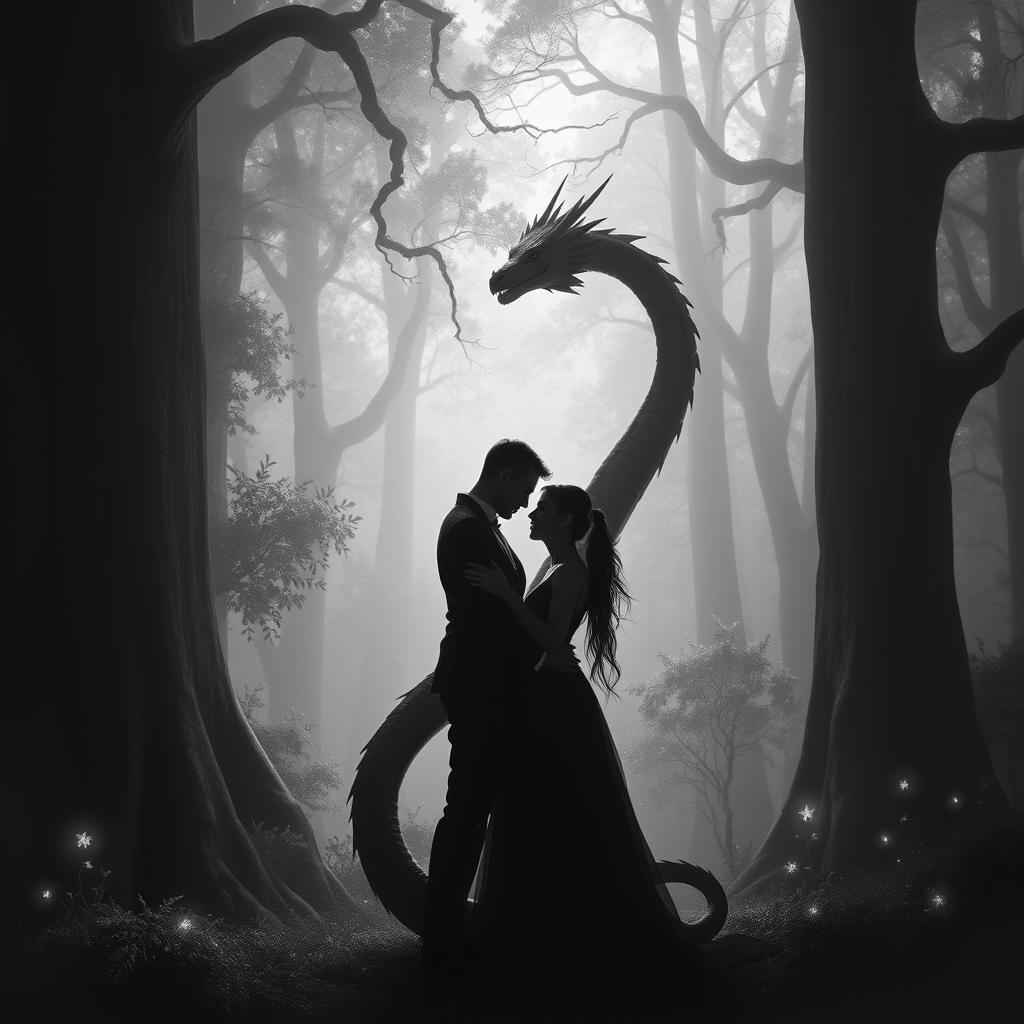 A couple embodying magic and love in an enchanted forest, accompanied by a majestic dragon