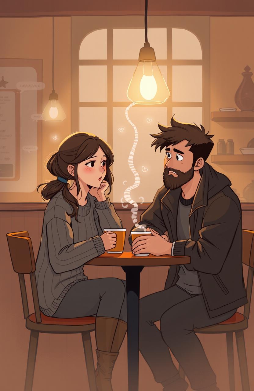 A serene yet poignant digital illustration depicting two individuals, Tania and Bara, sitting at a quaint coffee shop, engaged in deep conversation