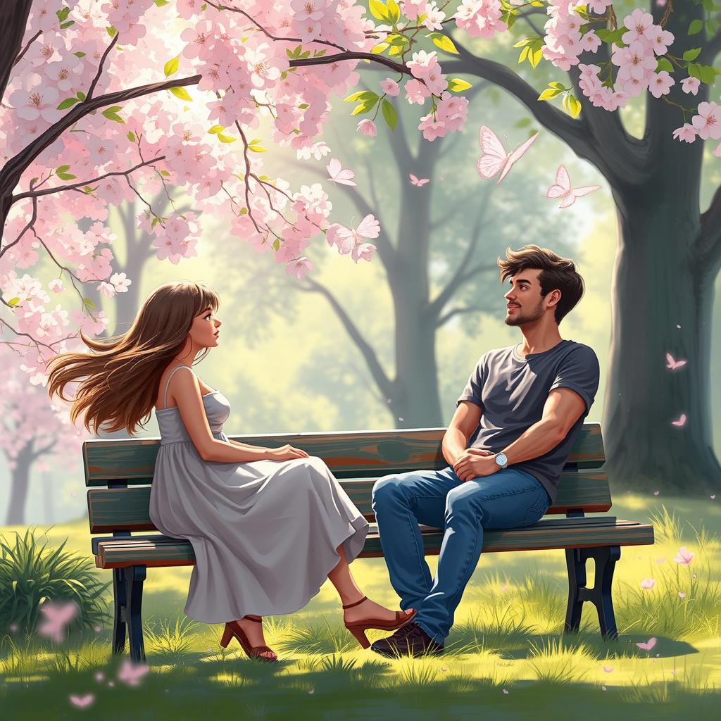 A captivating digital painting illustrating the moment when Tania and Bara meet in real life for the first time at a serene park